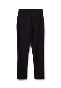 Pantaloni neri su misura con una texture morbida, vestibilità slim e passanti per cintura. Presentano due tasche posteriori e un design a gamba affusolata.