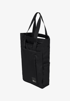 Black quilted tote bag with two top handles, side zip pocket, and front slip pocket. Made of durable fabric with a smooth texture.