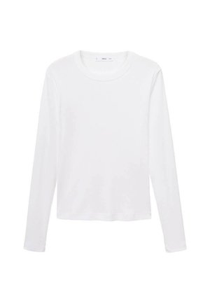 T-shirt blanc à manches longues en tissu léger, avec un col rond et une coupe droite, sans motifs ni accents visibles.