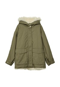 Olivgrüne Parkajacke mit einer Kapuze aus Kunstfell, zwei Fronttaschen und einem geraden Schnitt. Hergestellt aus strapazierfähigem, strukturiertem Stoff.