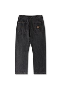 Black denim jeans with a straight cut, featuring two back pockets and embroidered detail near the left pocket. Stitched seams and waistband visible.