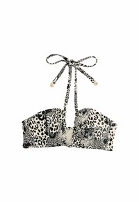 Top de bikini cu imprimeu leopard alb-negru, cu bretele ajustabile și accente aurii, având un design structurat, tip bandeau.