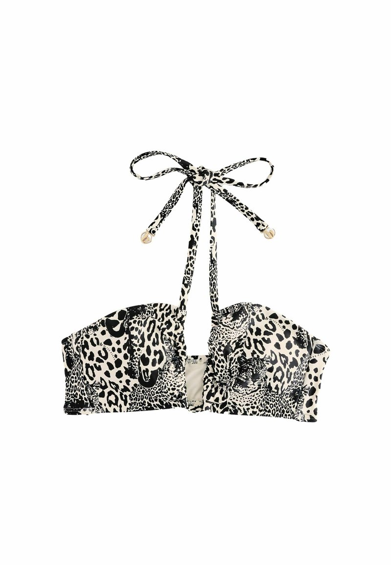Top de bikini cu imprimeu leopard alb-negru, cu bretele ajustabile și accente aurii, având un design structurat, tip bandeau.