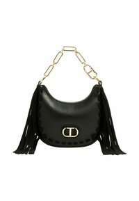 Borsa a tracolla in pelle nera con frange, tracolla in catena dorata, forma arrotondata e hardware decorativo con logo sulla parte anteriore.