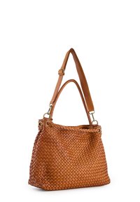 Brown woven leather handbag with a soft texture, featuring a single adjustable shoulder strap and circular metal hardware accents.