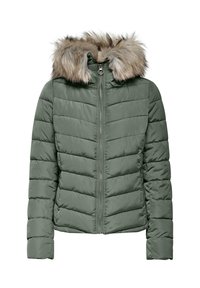 Polstret grønn jakke med hette med pelskant, med glidelås foran og diagonalt kviltet mønster på stoffet.