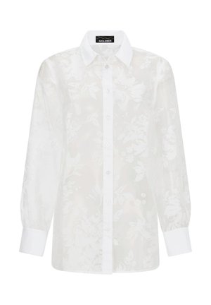 Weiße langärmelige Bluse mit Knopfleiste, floralem Jacquard-Muster, spitzem Kragen und breiten Manschetten von Goldner.