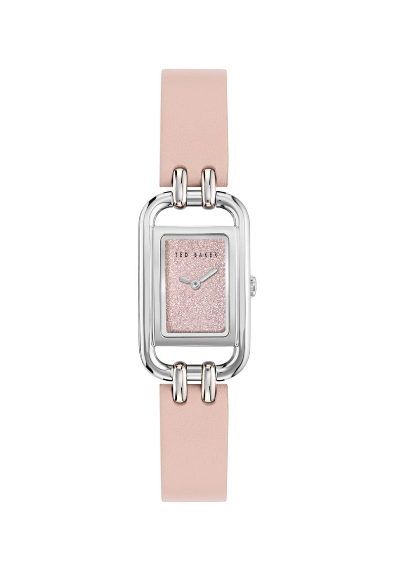 Montre carrée en ton argent avec un cadran pailleté rose et un bracelet en cuir rose clair. Dotée de quincaillerie argentée audacieuse reliant le bracelet.