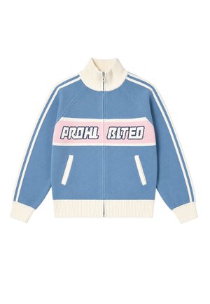 Mann trägt einen blauen Sweatshirt mit Reißverschluss, weißen und pinken Streifen sowie dunkle Hosen, Hände in den Taschen, schwarze Baseballkappe.