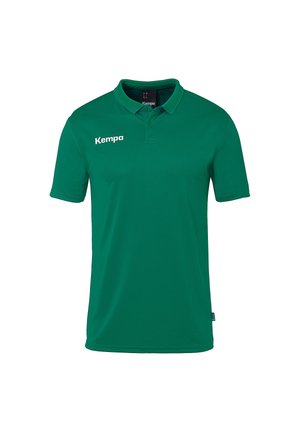 Grøn polo shirt lavet af åndbart stof, med en klassisk krave, korte ærmer og et hvidt "Kempa" logo på venstre bryst.