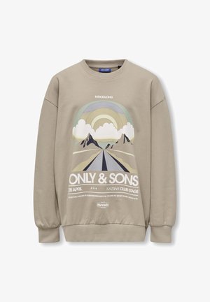 Sudadera beige con cuello redondo y mangas largas. Presenta un diseño gráfico de montañas y un camino, con el texto "ONLY & SONS".