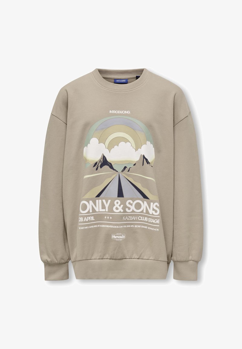 Felpa beige con scollo rotondo e maniche lunghe. Presenta una grafica di montagne e una strada, con il testo "ONLY & SONS".