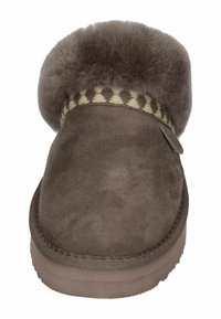 Brown suede slipper with a thick, soft fur cuff and a woven patterned band. It features a flat, textured sole and simple stitching details.