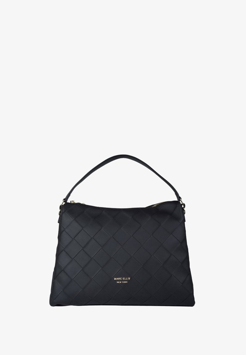 Borsa a tracolla in pelle nera intrecciata con un manico singolo, accessori dorati e chiusura con zip. Presenta una superficie liscia e testurizzata e un dettaglio con logo.