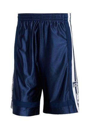Pantaloni sportivi blu navy in tessuto lucido, con strisce laterali bianche e un pannello in rete. Vita elastica per una vestibilità regolabile.
