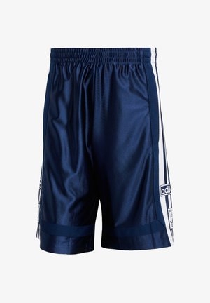 Pantaloni sportivi blu navy in tessuto lucido, con strisce laterali bianche e un pannello in rete. Vita elastica per una vestibilità regolabile.