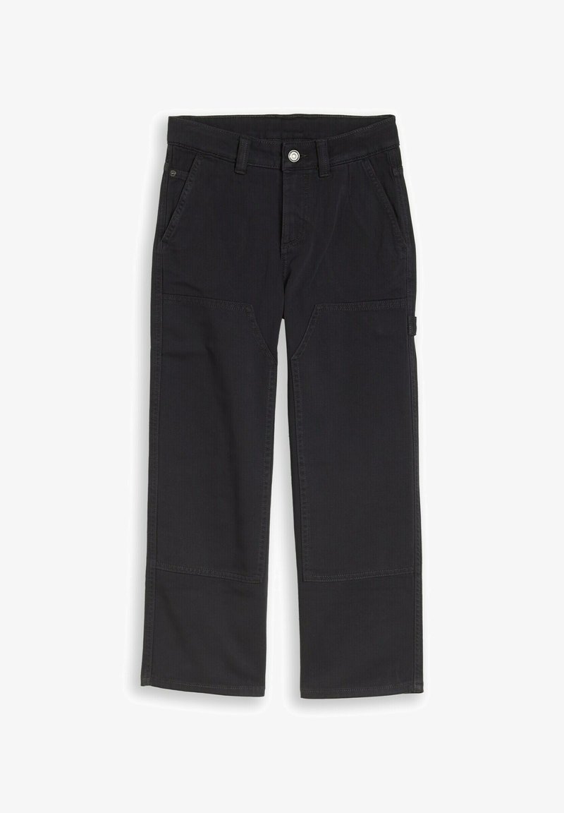 Pantalon noir à jambes droites avec poches avant et arrière, passants pour ceinture et renforts au niveau des genoux, fermé par un bouton en métal et une fermeture éclair.