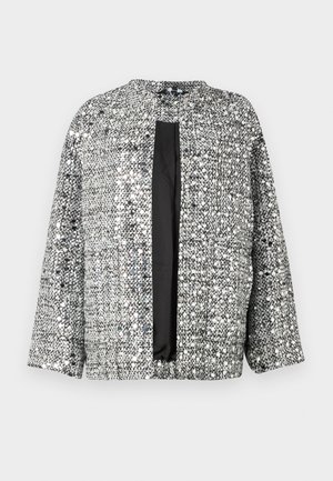 Black and silver woven jacket with a round neck, open front, and three-quarter sleeves. Textured fabric with a shimmering finish.