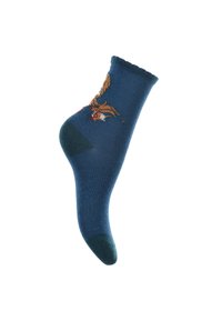 Calcetín de crew azul con un diseño de animal marrón, parte superior acanalada y acentos de talón y puntera en azul más oscuro. Textura suave y longitud hasta la mitad de la pantorrilla.