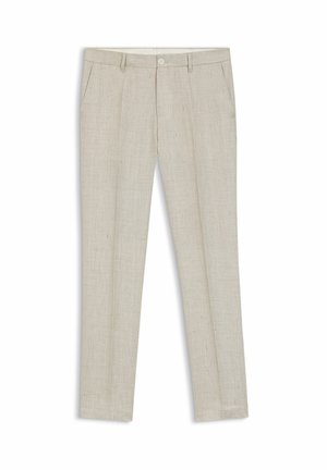 Beige slim-fit, maßgeschneiderte Hose mit Frontknopf und Seitentaschen aus strukturiertem Stoff.
