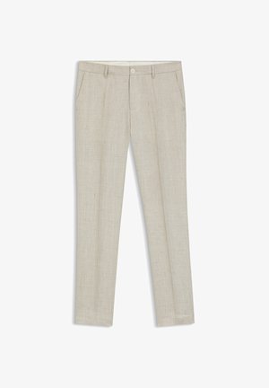 Pantaloni beige slim fit su misura con bottone frontale e tasche laterali, realizzati in tessuto strutturato.