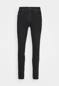 Jeans de denim negro con un corte slim, diseño de cinco bolsillos y costuras discretas. Presentan un cierre con botones y cremallera en la cintura.