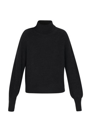 Čierny rebrovaný pletený sveter s vysokým golierom, dlhými rukávmi a priliehavými manžetami, zobrazený na bielom pozadí.