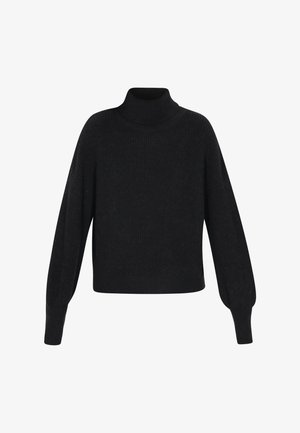 Schwarzer, gerippter Strickrollkragenpullover mit langen Ärmeln und enganliegenden Bündchen, vor einem weißen Hintergrund präsentiert.