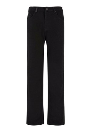 Schwarze Denim-Hosen mit geradem Beinanschnitt, ausgestattet mit Knopfverschluss, Gürtelschlaufen und Vordertaschen. Glatte Textur und einheitliche Farbe.