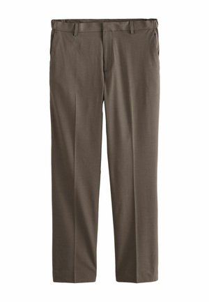 Braune, maßgeschneiderte Hose mit glatter Textur, geradem Bein und Gürtelschlaufen an der Taille. Verfügt über seitliche und hintere Taschen.