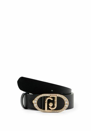 Cintura in pelle nera con una fibbia ovale in oro con un bordo decorato da accenti simili a perle e un design di lettere pronunciato al centro.