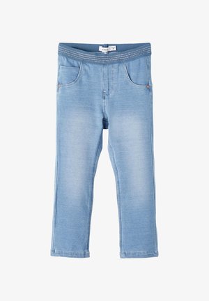Light blue denim jeans with a stretchy waistband, five pockets, and a straight-leg design. Features subtle stitching details along seams.