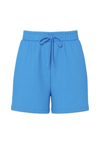 Pantaloni scurți din bumbac albastru, cu talie elastică și șnur de ajustare. Textură netedă, lungime deasupra genunchiului, fără modele sau accente vizibile.