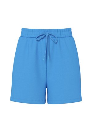 Blaue Baumwollshorts mit elastischem Bund und Kordelzug. Glatte Textur, knielang, keine sichtbaren Muster oder Akzente.