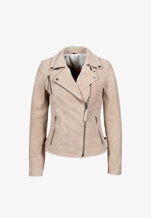 Beige Wildleder-Bikerjacke mit asymmetrischem Frontreißverschluss, Reverskragen, Reißverschlusstaschen und Details mit Metall-Druckknöpfen.