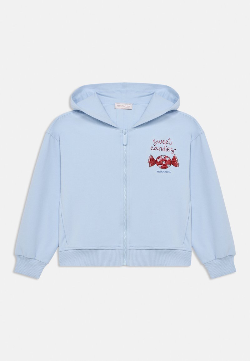 Ανοιχτό μπλε φούτερ με φερμουάρ, κατασκευασμένο από απαλό ύφασμα. Διαθέτει κουκούλα, ριμπ μανσέτες και ροζ/κόκκινο γραφικό γλυκίσματος με το κείμενο «sweet candy».