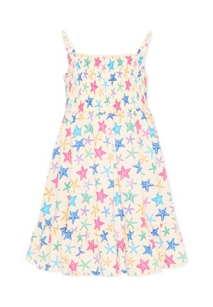 Kremowa sukienka bez rękawów z kolorowym nadrukiem rozgwiazd w kolorze różowym, niebieskim, zielonym, fioletowym i pomarańczowym, z talią marszczoną i rozkloszowanym dołem.