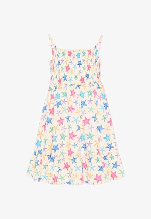 Kremowa sukienka bez rękawów z kolorowym nadrukiem rozgwiazd w kolorze różowym, niebieskim, zielonym, fioletowym i pomarańczowym, z talią marszczoną i rozkloszowanym dołem.