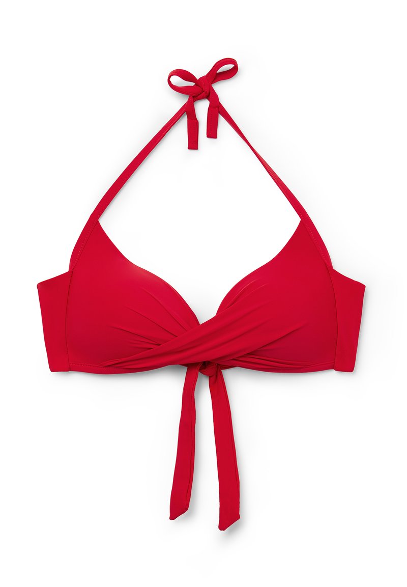 Röd bikiniöverdel med en triangel-design, tillverkad av slät tyg, har halterneck-band och en snurrning i framsidan med en central knut.