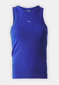 Sleeveless ribbed tank top in bright blue with round neckline and small white "JJXX" logo centered on chest.