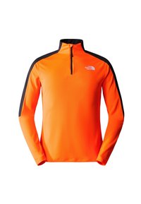 Bright orange long-sleeve pullover with a quarter zip, black shoulder accents, smooth texture, and a small white logo on the chest.