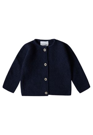 Cardigan in maglia blu navy con maniche lunghe, scollo tondo e quattro bottoni frontali disposti verticalmente al centro.