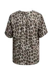 Leopardenmuster Bluse mit kurzen Ärmeln, rundem Halsausschnitt und Faltendetail auf der Rückseite. Hergestellt aus einem glatten, weichen Stoff.