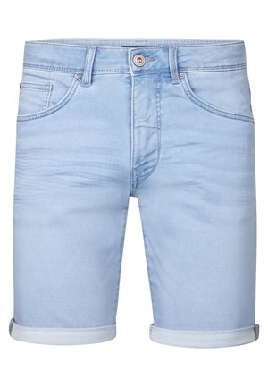 Light blue denim shorts with rolled hem, featuring front pockets, a button and zipper closure, and subtle fading for texture.