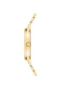 Gold-tone watch with a round case, flat crystal, and linked bracelet. Features a crown on the side and smooth, polished finish.