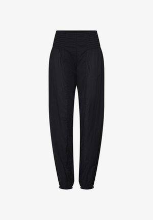 Schwarze Hose mit hohem Bund, gerafftem elastischem Bund und gesmokten, elastischen Bündchen, lockerer Sitz an den Hüften und zulaufenden Beinen.