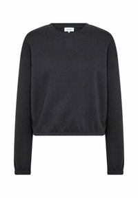 Black cropped sweatshirt with long sleeves, ribbed cuffs, and a textured logo detail on the chest. Made from soft, stretchy fabric.