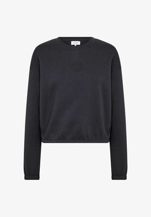 Črna skrajšana pulover s dolgimi rokavi, rebrastimi manšetami in teksturiranim logotipom na prsih. Narejen iz mehke in raztegljive tkanine.