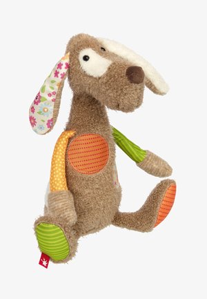 Giocattolo per cani imbottito con corpo beige testurizzato, orecchie a fantasia colorate e dettagli a pois in arancione, verde e rosa. Presenta arti soffici e pendenti.