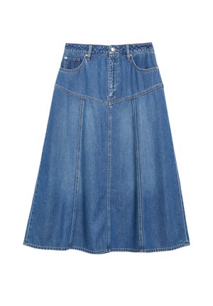 Niebieska spódnica denim w kształcie litery A z guzikiem i zamkiem z przodu, szlufkami na pasek oraz dwoma przednimi kieszeniami z nitowanymi detalami.